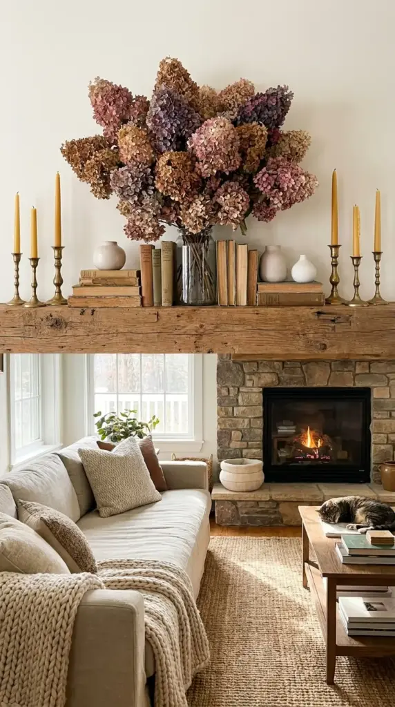 dried hydrangea bouquet in trendy home decor with cottagecore and farmhouse styling