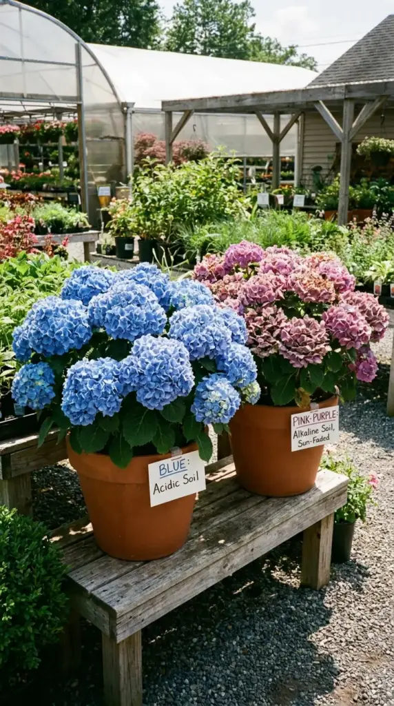 Blue vs pink hydrangea bloom color comparison showing why electric blue hydrangeas are hard to achieve at home