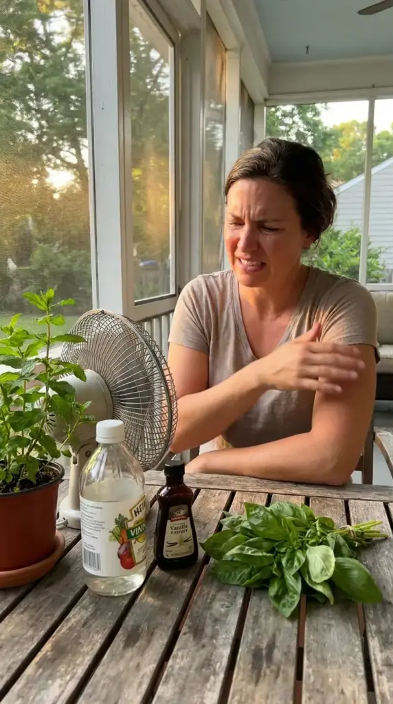 Emergency mosquito repellent household items ready for quick mosquito bite prevention on a summer porch