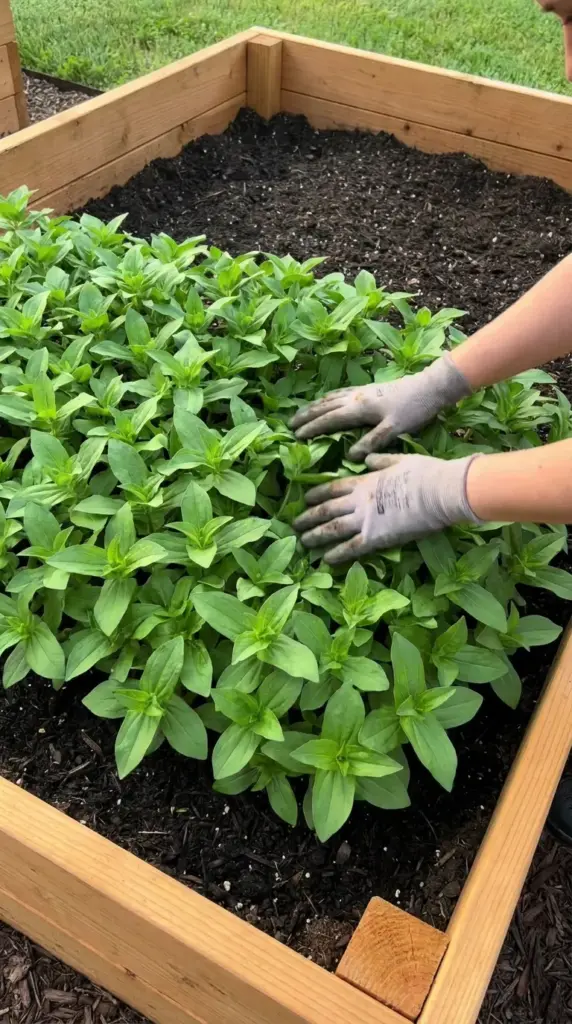 Healthy, deep green zinnia plant foliage canopy showing optimal nitrogen levels in a raised garden bed.