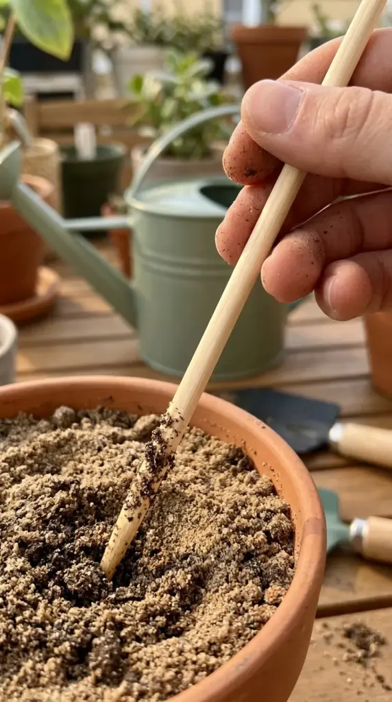 A close-up of checking indoor houseplant soil dryness using a wooden chopstick to prevent root rot.