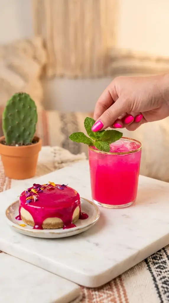 Vibrant pink prickly pear cocktail and glazed dessert next to an indoor potted cactus on a kitchen counter.