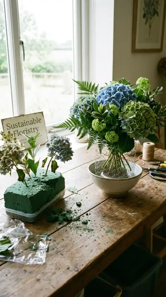 floral foam alternative for hydrangea bouquet and sustainable foam-free flower arranging