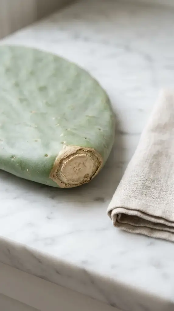 Close-up of a calloused prickly pear cactus cutting showing a dry healed edge ready for planting.