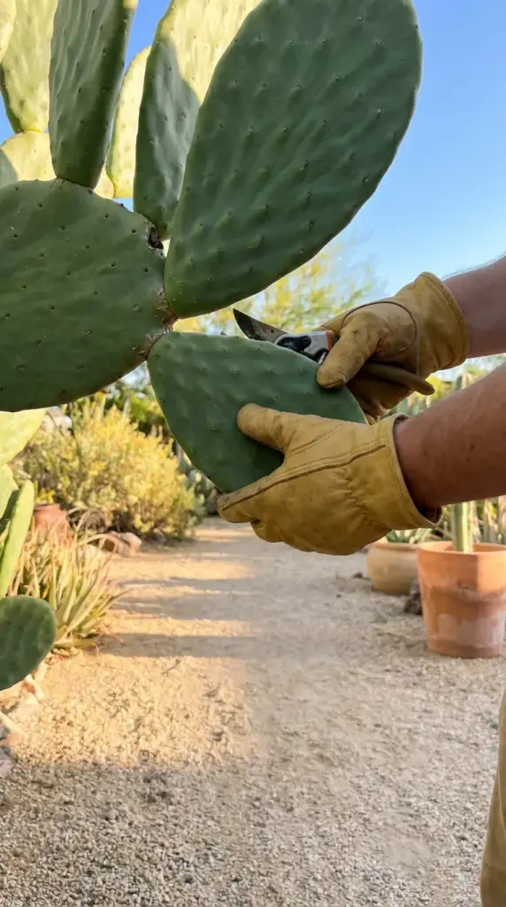 Hands selecting a healthy prickly pear cactus pad cutting from an outdoor desert garden.