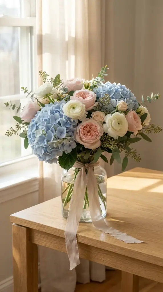 Spring hydrangea bouquet in soft blue, blush pink, and cream with romantic pastel flower arrangement styling