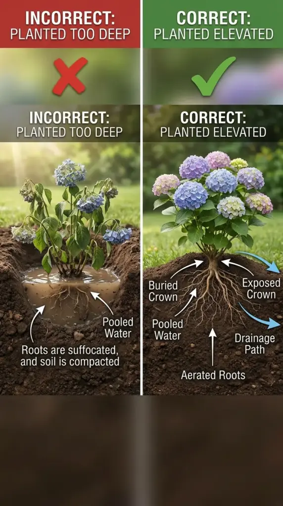 Upside down hydrangea rule comparison showing hydrangea planted high above soil line for improved drainage