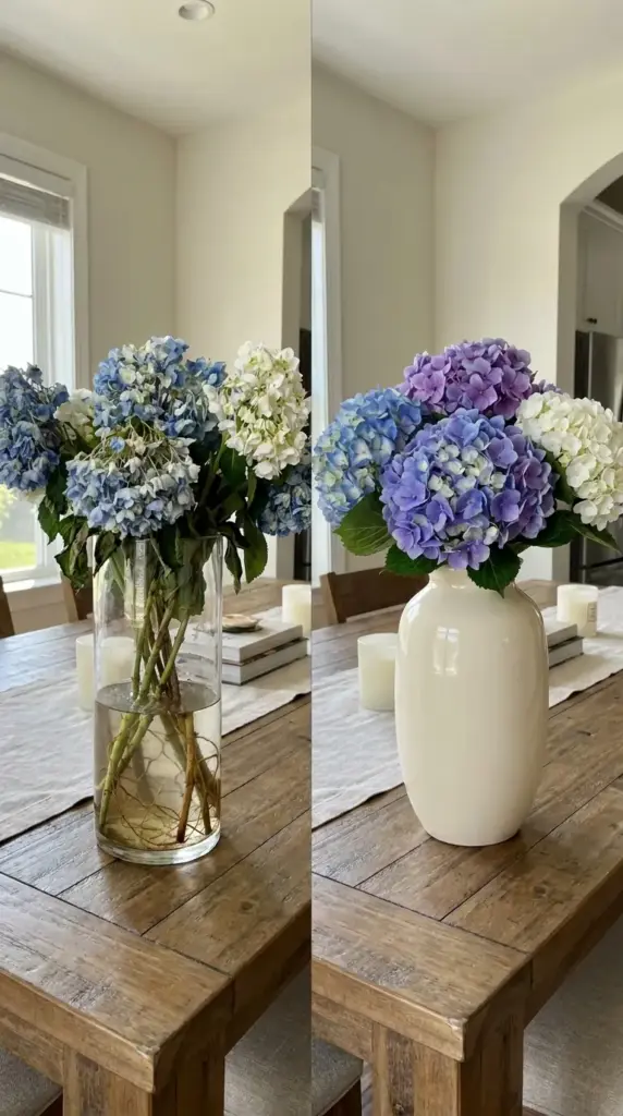 clear vase vs opaque vase for hydrangeas showing why clear vases look messy with cut hydrangea stems