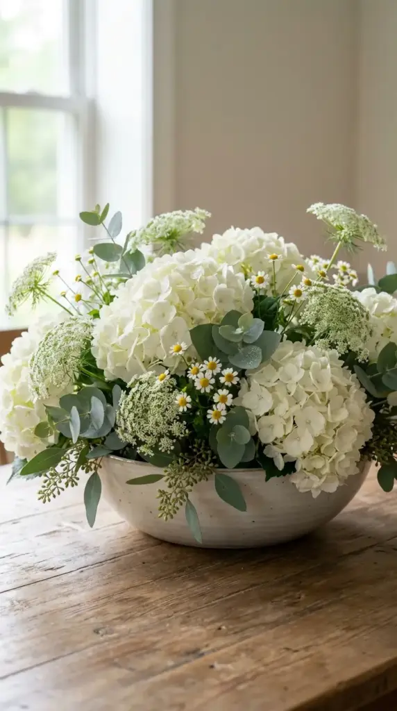 White hydrangea centerpiece with eucalyptus and wildflowers in a low bowl arrangement