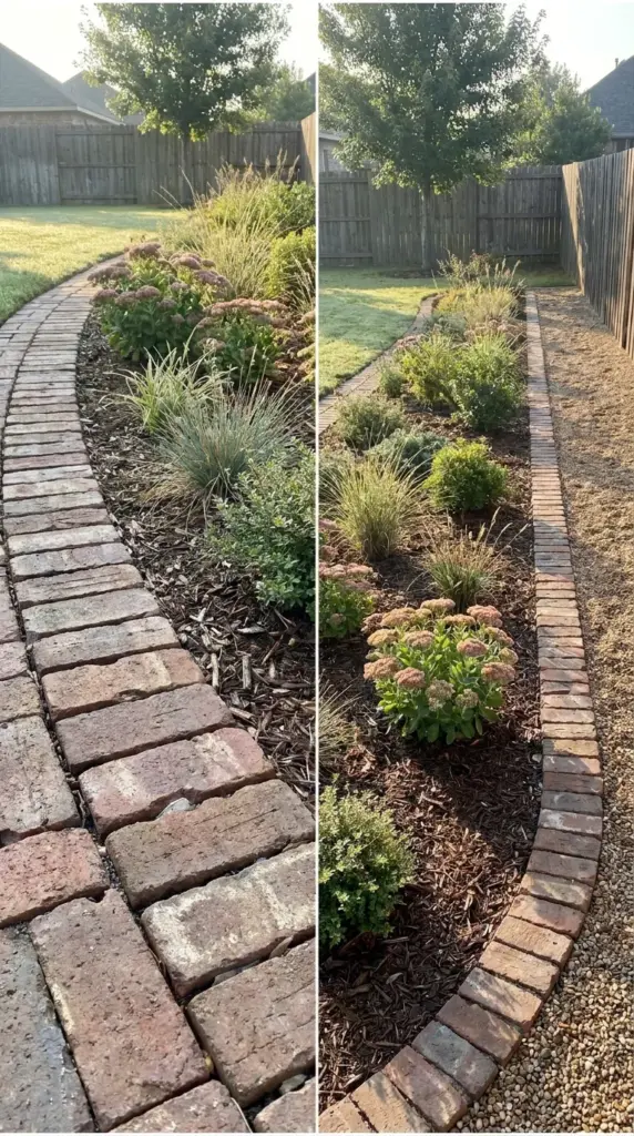 Dry-laid brick edging without concrete showing a neat garden bed border with good drainage