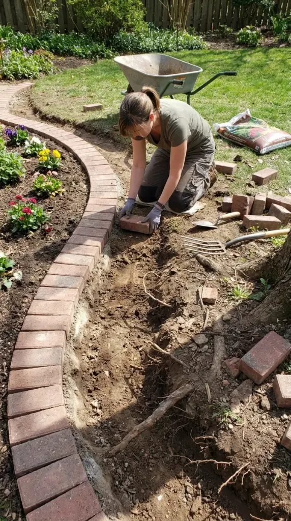 DIY brick garden border prep work showing trenching, uneven soil, and the hidden labor behind garden edging
