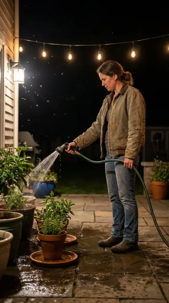 Late-night watering habit on a patio with wet containers and plant saucers that can make mosquito repellent seem useless