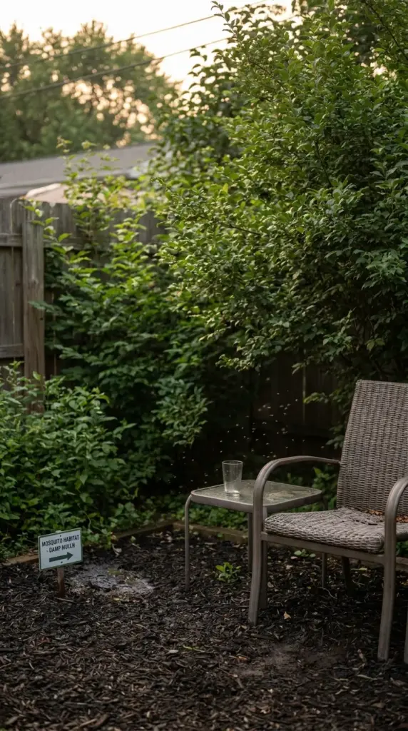 Shady damp backyard conditions that attract mosquitos with dense plants, humidity, and low airflow near a patio