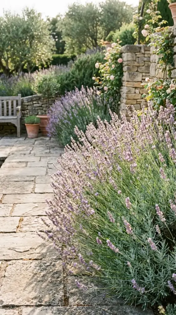 Lavender mosquito repellent plant growing in a sunny garden border near a patio