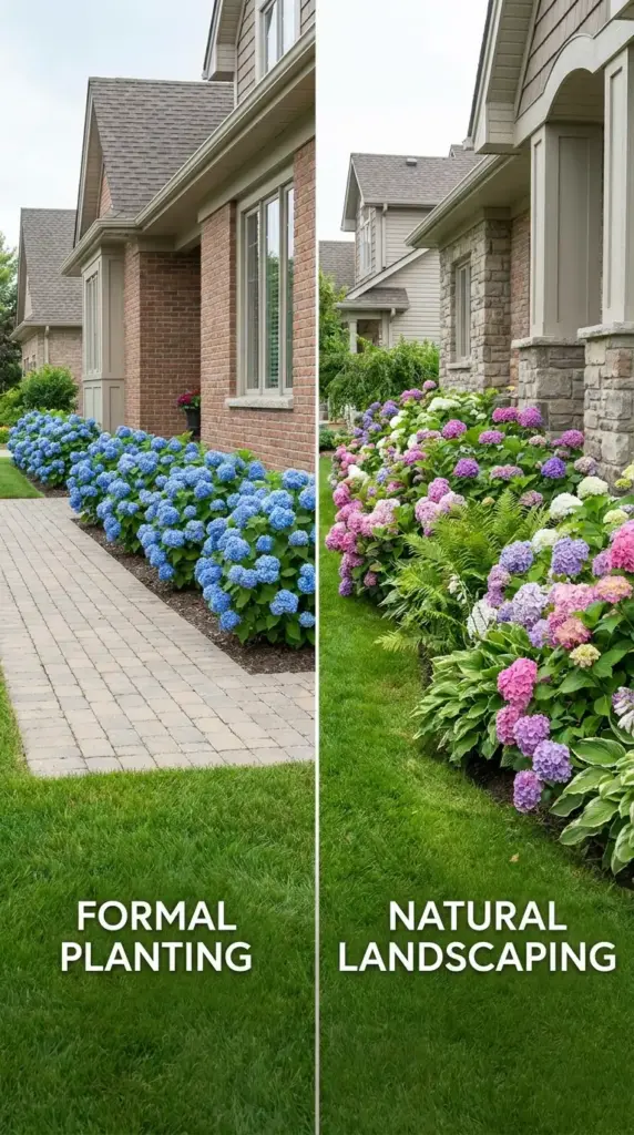 Straight row hydrangeas compared to clustered hydrangea landscape design in a home garden bed