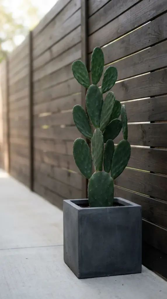 A close-up of a compact Eastern prickly pear cactus highlighting its structural vertical pads on a small patio.