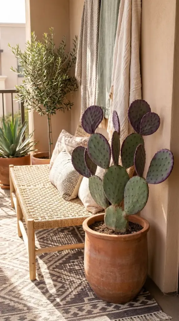 Purple prickly pear cactus in a raw terracotta pot on a modern bohemian patio.