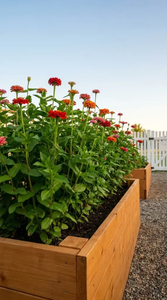 Sturdy long stem zinnias growing upright in a backyard raised garden bed showing optimal plant nutrition.