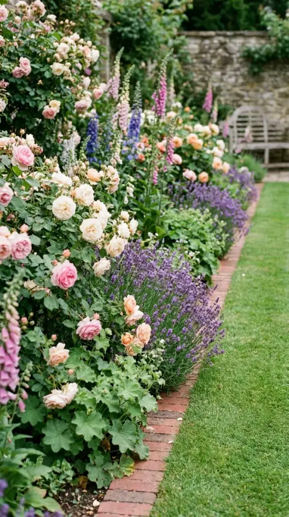 Red brick garden edging in a traditional English garden border with roses, lavender, and clipped lawn