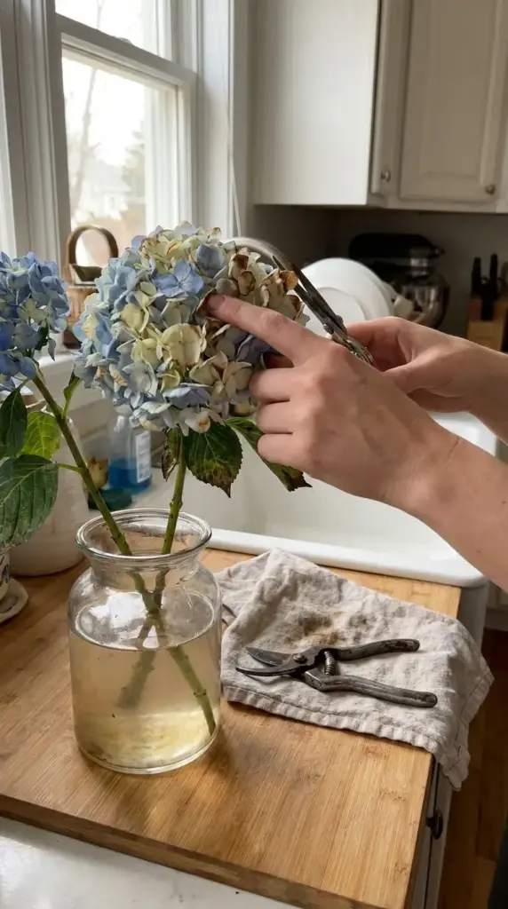 Diagnosing a wilted hydrangea bouquet by checking stems, petals, and cloudy vase water before revival