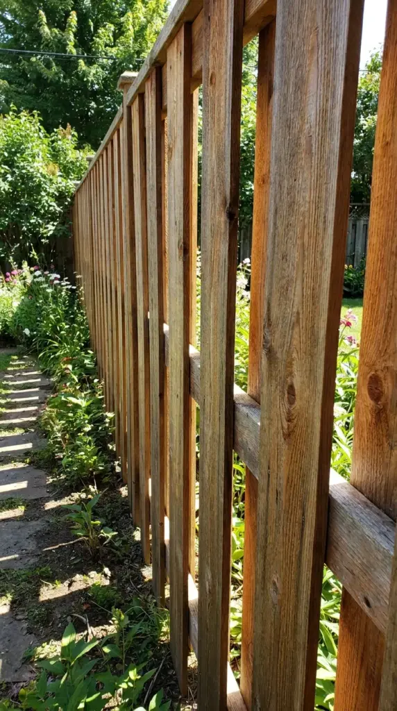 Close-up of shadowbox fence design with alternating pickets for privacy and airflow