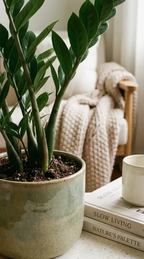 Close-up of healthy Zamioculcas zamiifolia stems and glossy leaves resting on a modern table in a boho home decor setting.