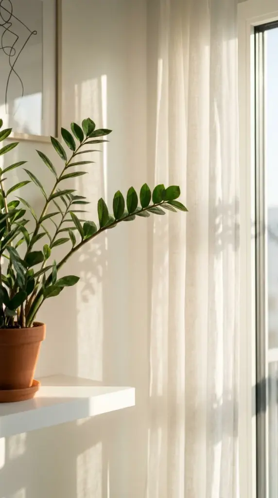 A ZZ plant receiving bright indirect sunlight filtered through a sheer white window curtain.