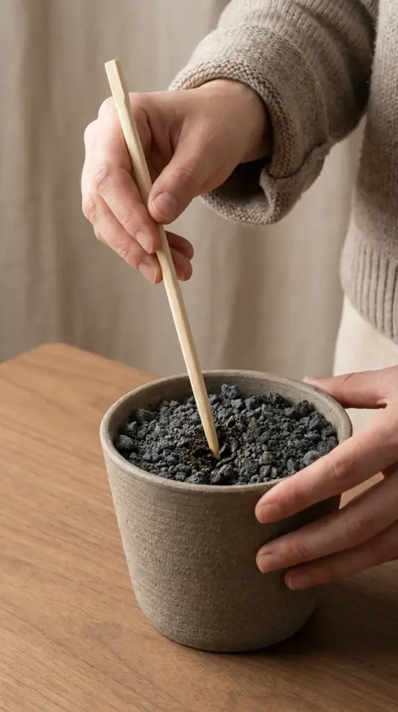 Checking the soil moisture level of a ZZ plant using a wooden chopstick to ensure it is completely dry.