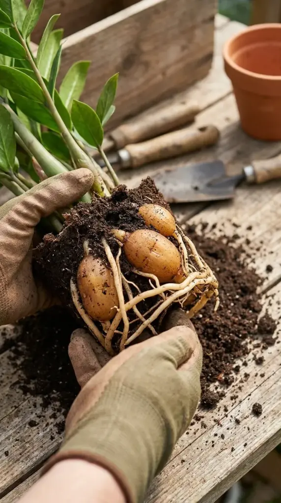 Close-up of the healthy potato-like underground rhizomes and roots of a Zamioculcas zamiifolia plant.
