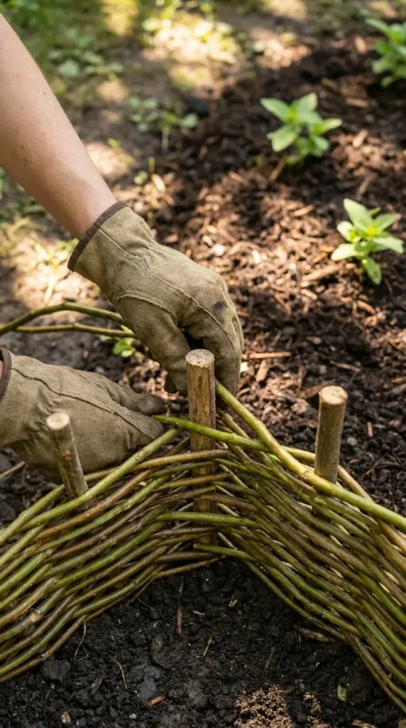 Gardener's hands weaving a natural willow wattle border to edge a backyard zinnia garden bed.