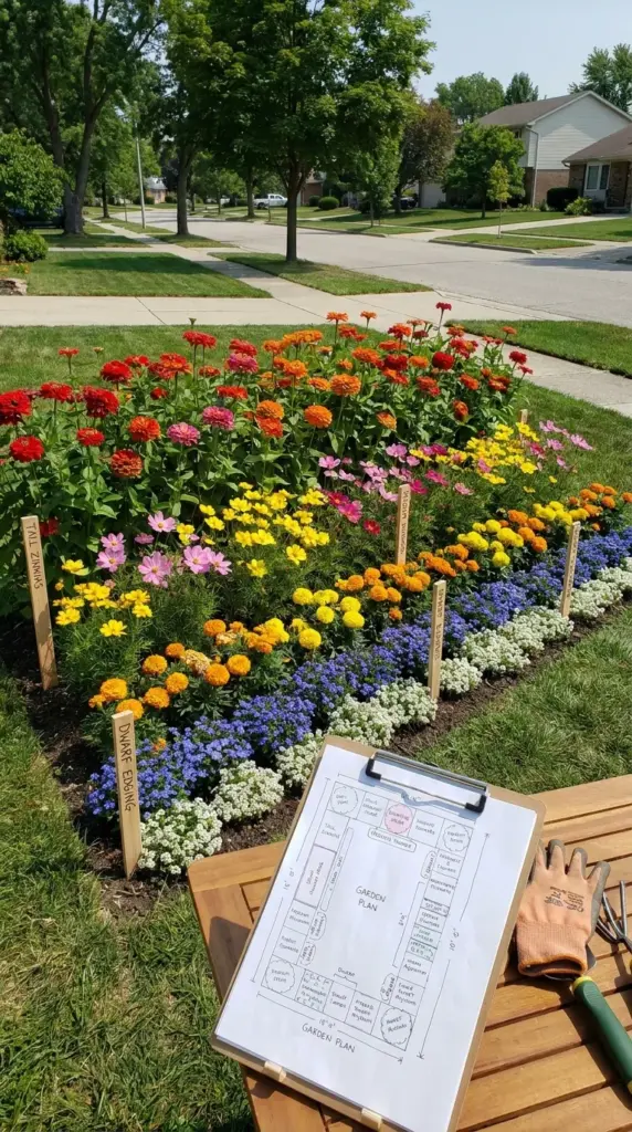 High-impact zinnia bed layout showing bold color repetition, layered planting, and full sun curb appeal design