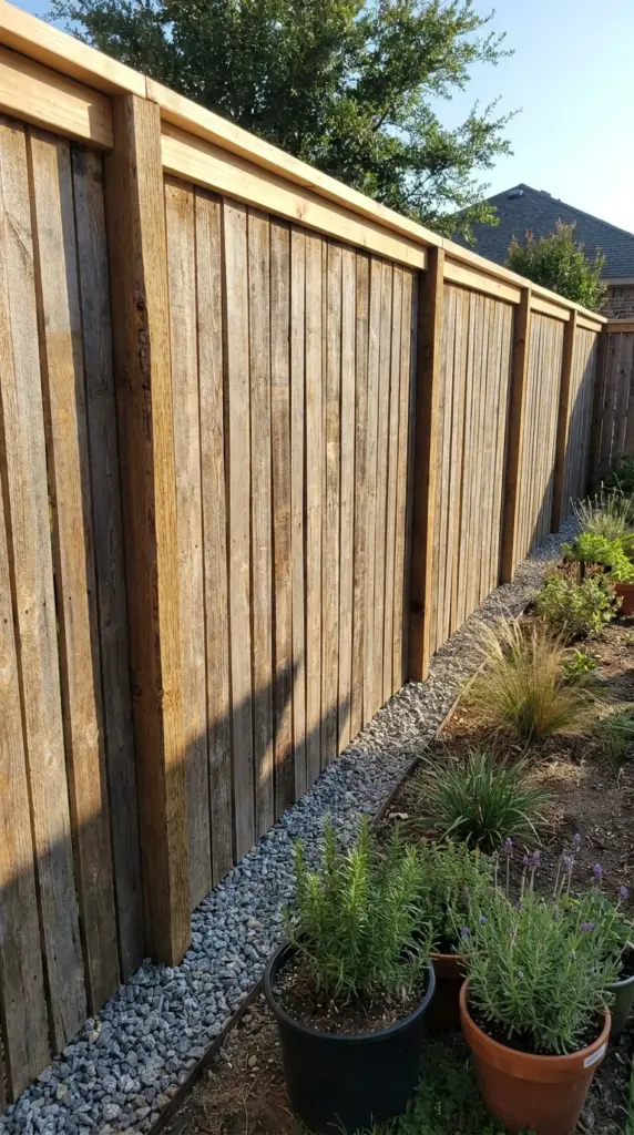 Classic vertical pallet privacy fence made from reclaimed wood for backyard screening