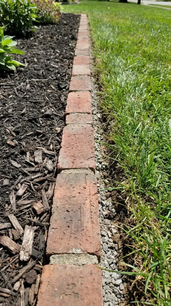 Flush-set single row brick garden edging for a mower-friendly lawn-to-bed transition