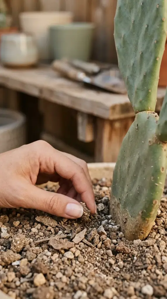 Close up of hands checking the gritty succulent soil mix of a prickly pear cactus to avoid overwatering.