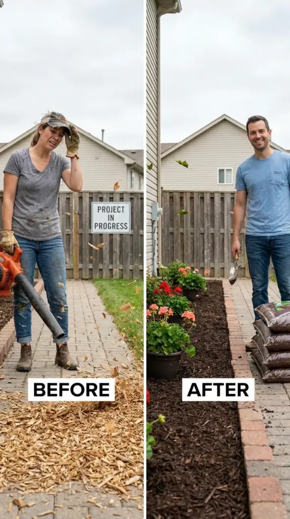 Mulch problems compared with permanent brick garden borders in a flower bed makeover