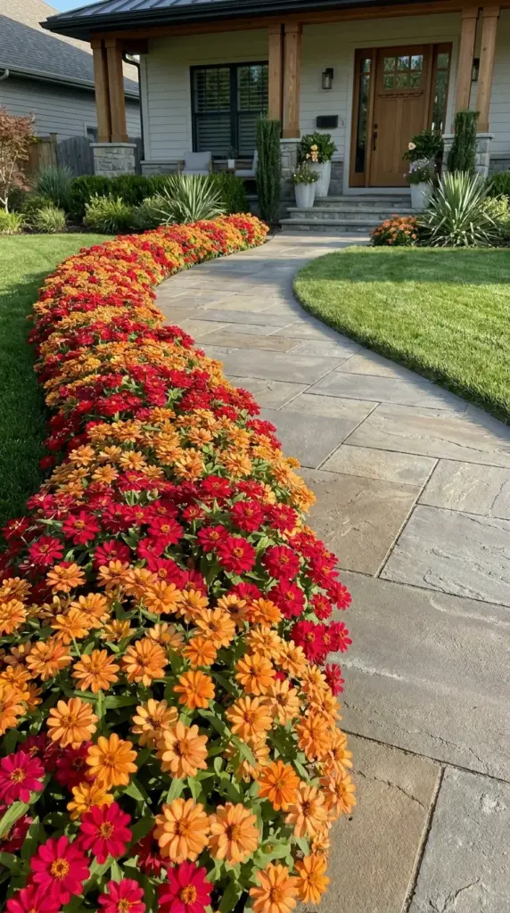 Compact Profusion zinnias creating a colorful, low-maintenance border along a stone walkway.