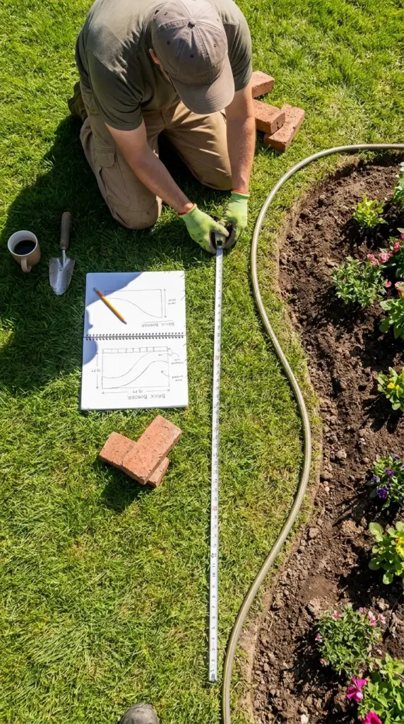 planning a DIY brick garden border with measurements, sketch, and curved garden bed layout