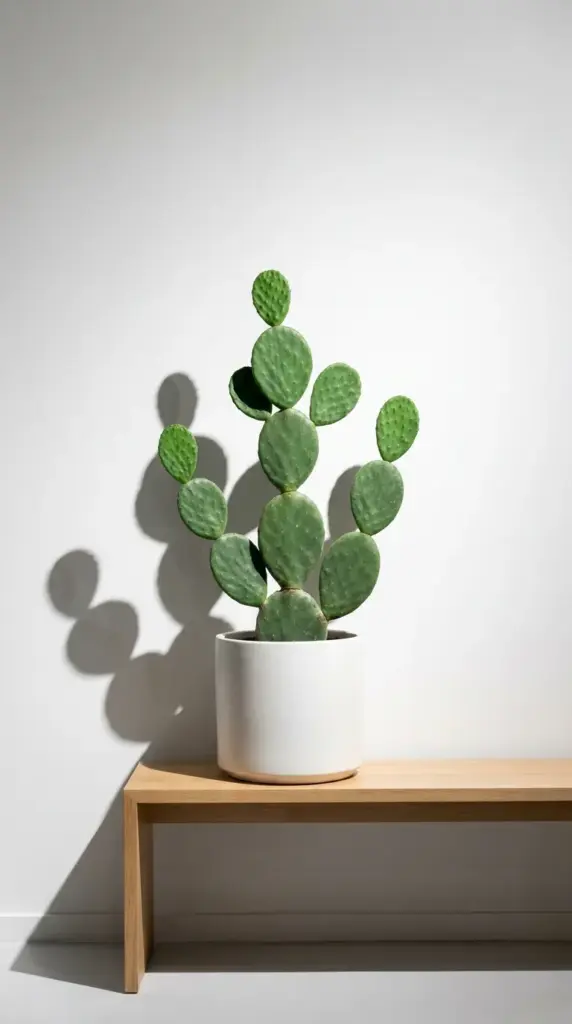 Sculptural prickly pear cactus in a mid-century modern white ceramic planter.