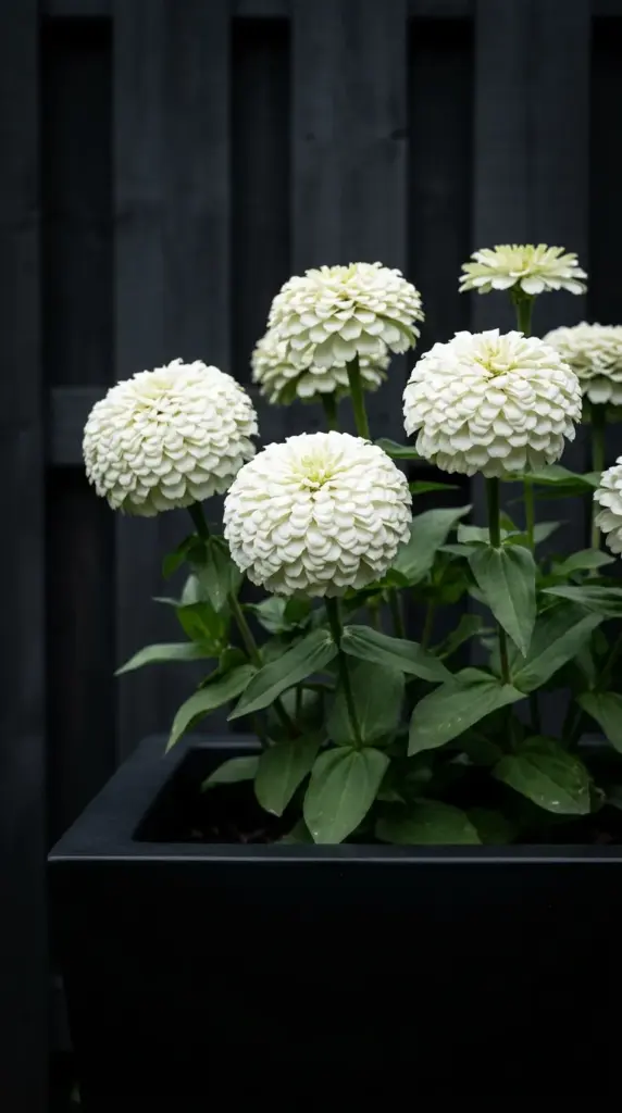 Close up of Oklahoma white zinnias growing in a modern black patio planter.