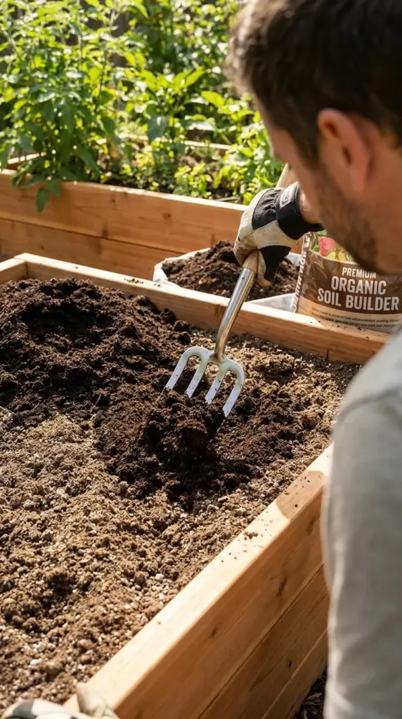 Amending heavy garden soil with rich organic compost to improve drainage for flower beds.
