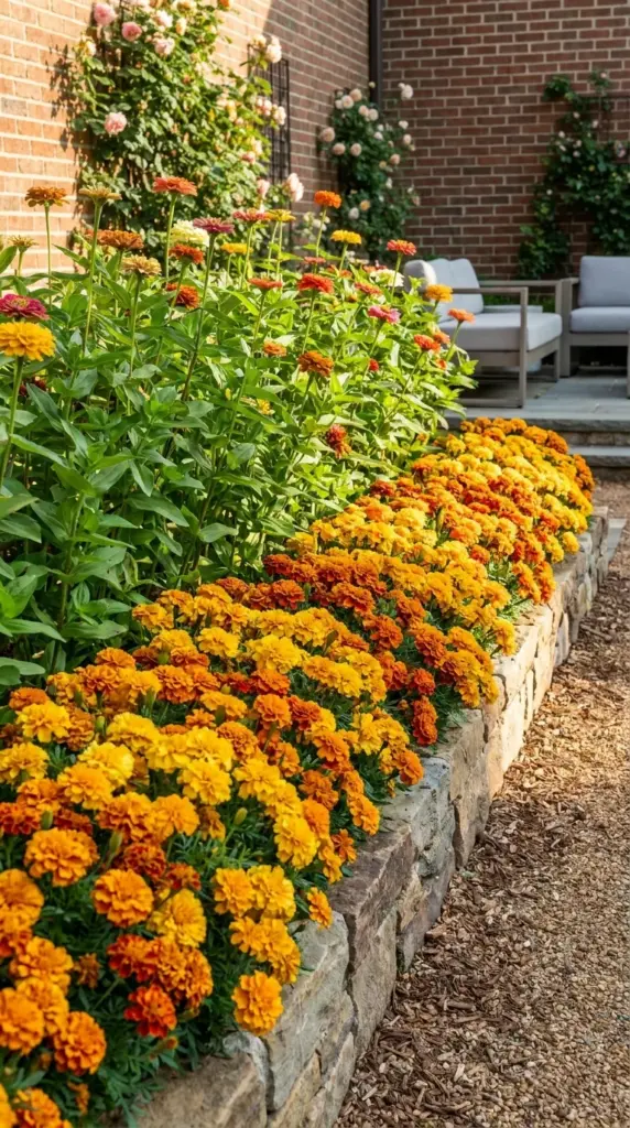 A border of low-growing French marigolds planted at the base of tall zinnia stalks in a raised garden bed.