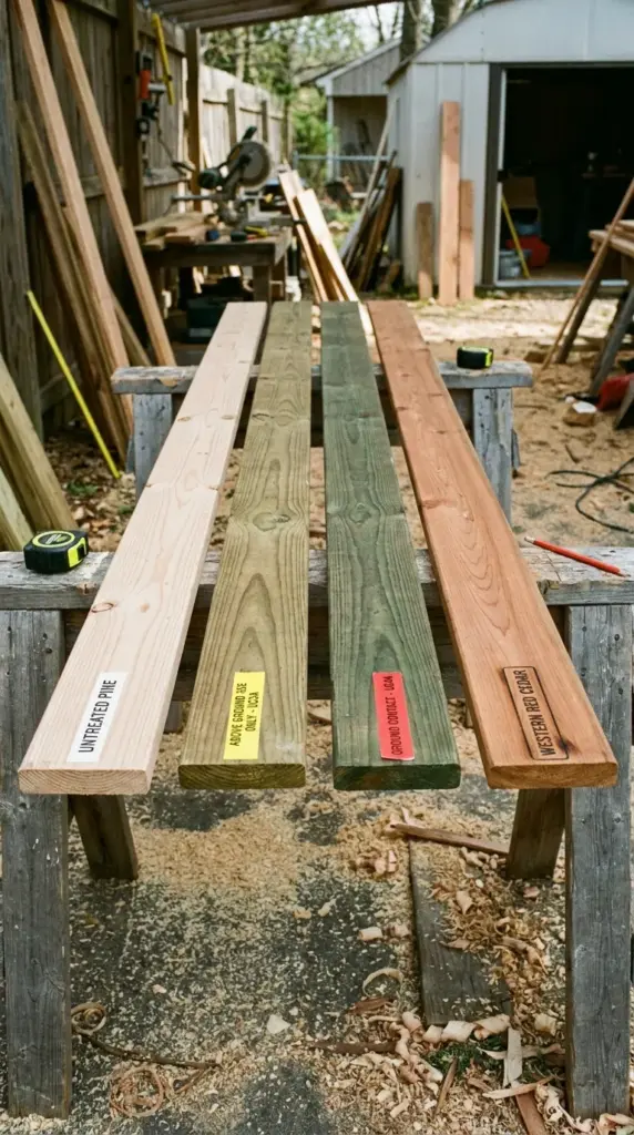Wrong fence lumber comparison showing untreated wood, cedar fence boards, and ground-contact pressure-treated lumber