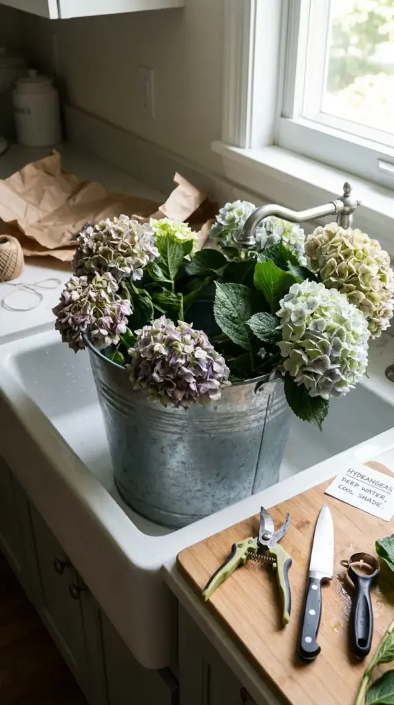 Rehydrating hydrangeas in cool water before arranging for better fresh hydrangea care and bloom revival