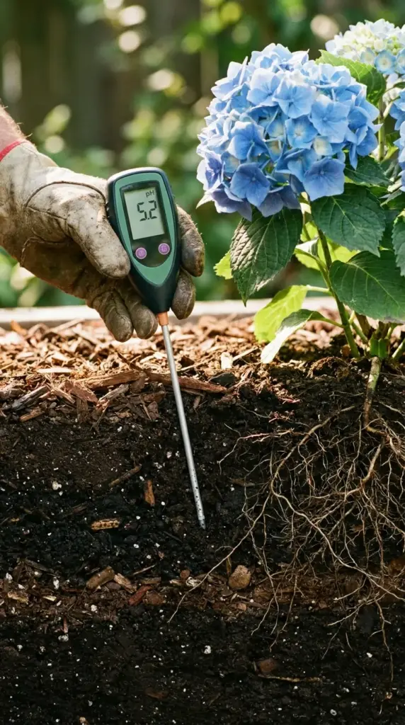 Soil pH testing for blue hydrangeas showing how acidic soil helps create electric blue hydrangea blooms