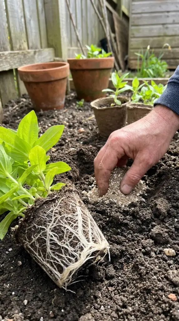 A gardener amending a zinnia garden bed with organic bone meal fertilizer for strong root establishment.