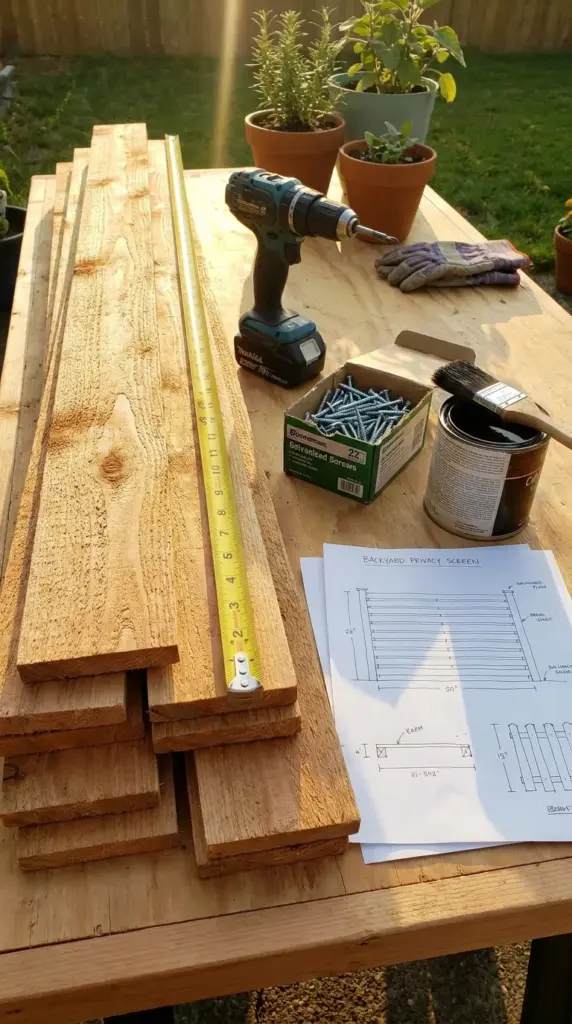 cedar fence pickets and tools for a DIY backyard privacy screen hack