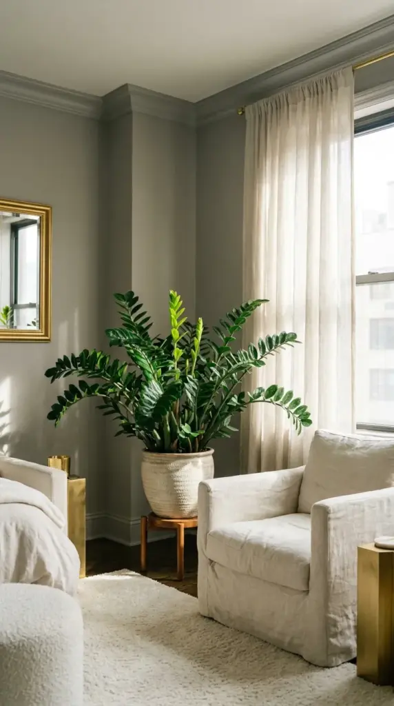A healthy ZZ plant placed in a bright indirect light corner of a stylish metropolitan apartment bedroom.