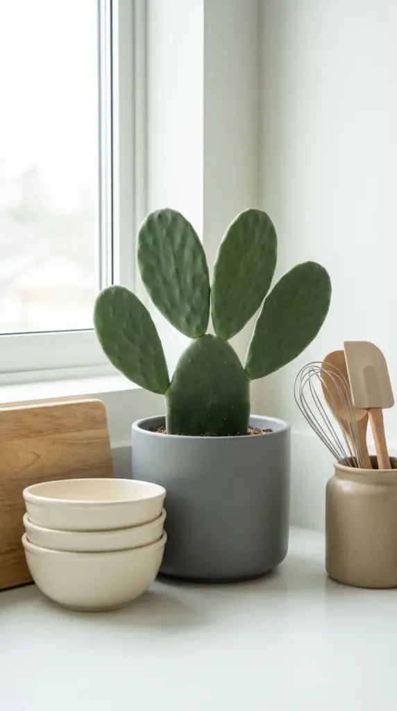 Spineless indoor prickly pear cactus variety planted in a modern ceramic container.