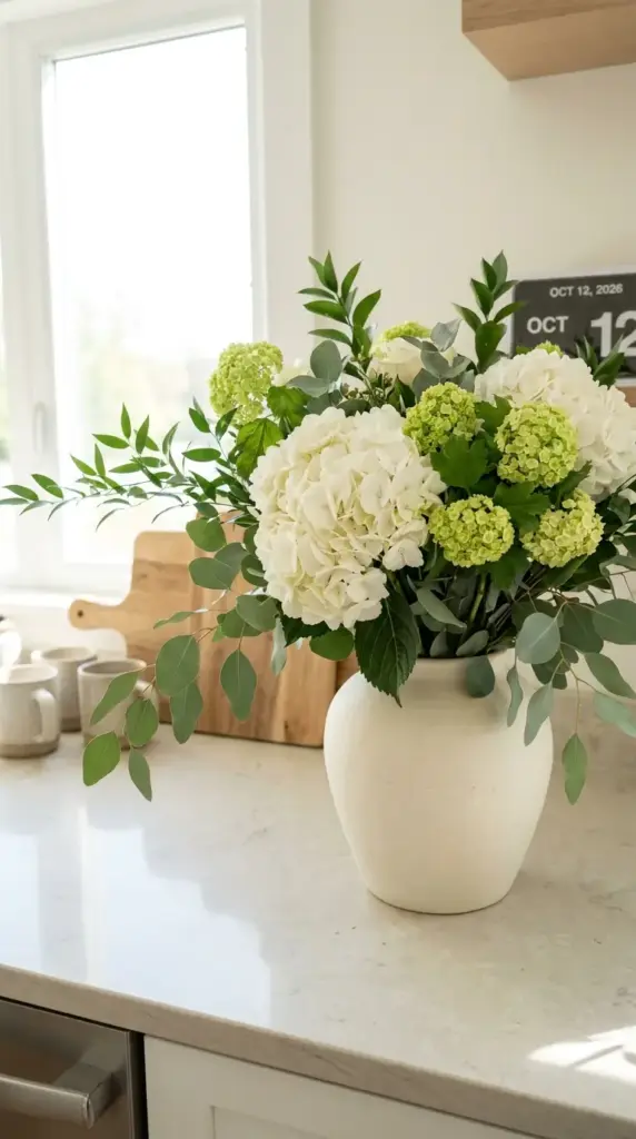 White and green hydrangea centerpiece with sage foliage for fresh modern home decor and minimalist floral styling