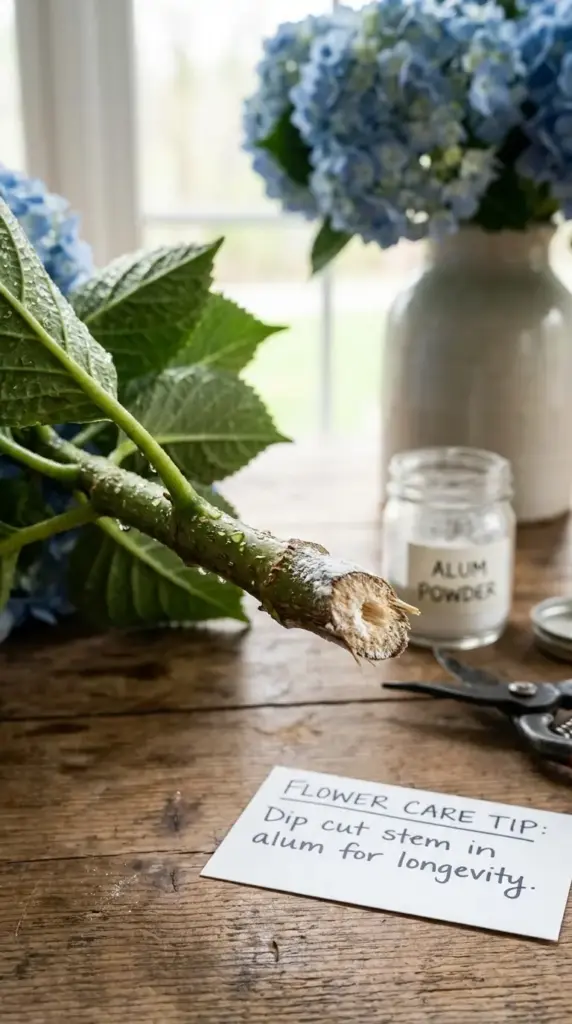Close-up of alum powder on a hydrangea stem for better water uptake